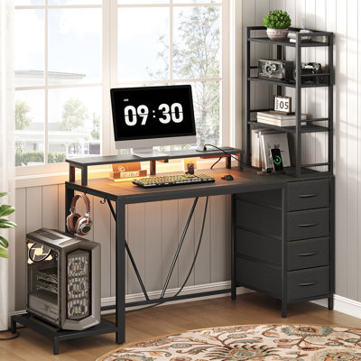 43.3'' Computer Desk with Monitor Stand and Storage, Gaming Desk with Charging Station and LED Lights