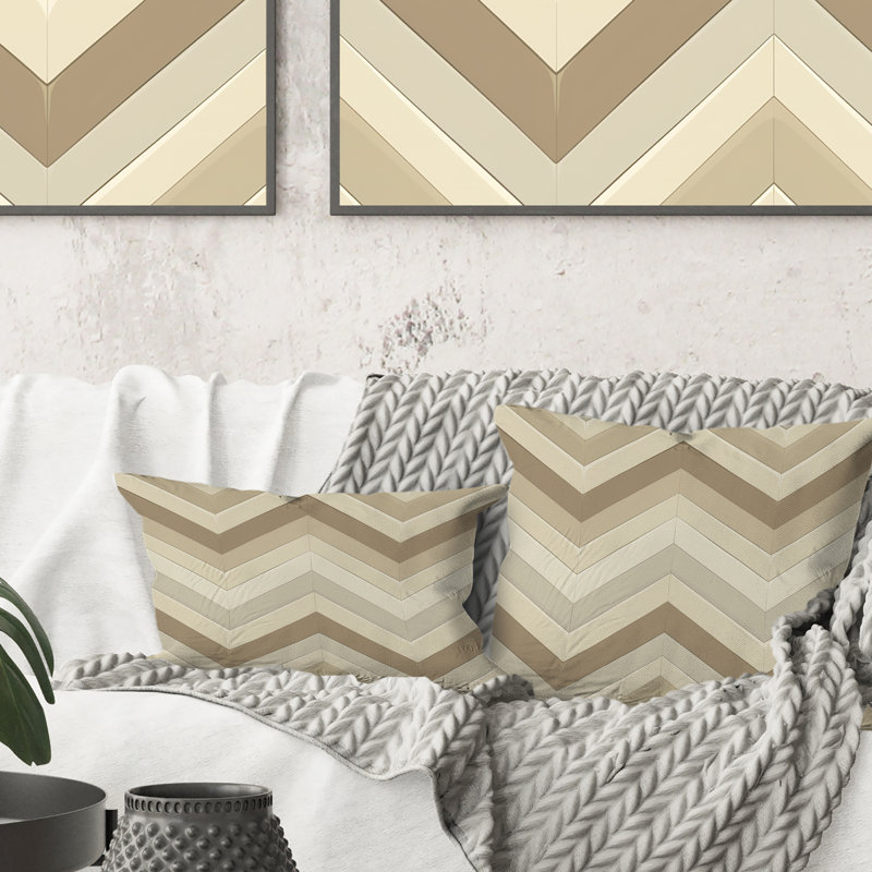 Imprimé à chevrons beige et brun - Coussin décoratif moderne, H 18 po x l 18 po