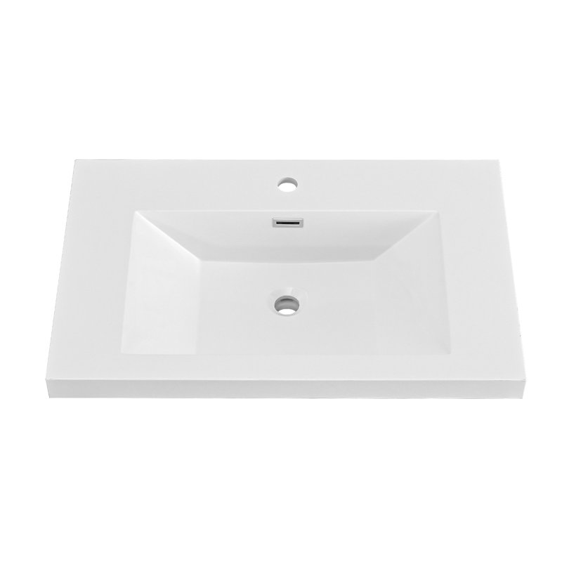 30 Inch Solid Surface Resin Vanity Top With Integrated Sink – Rectangular Single Bathroom Countertop,  Glossy White,
