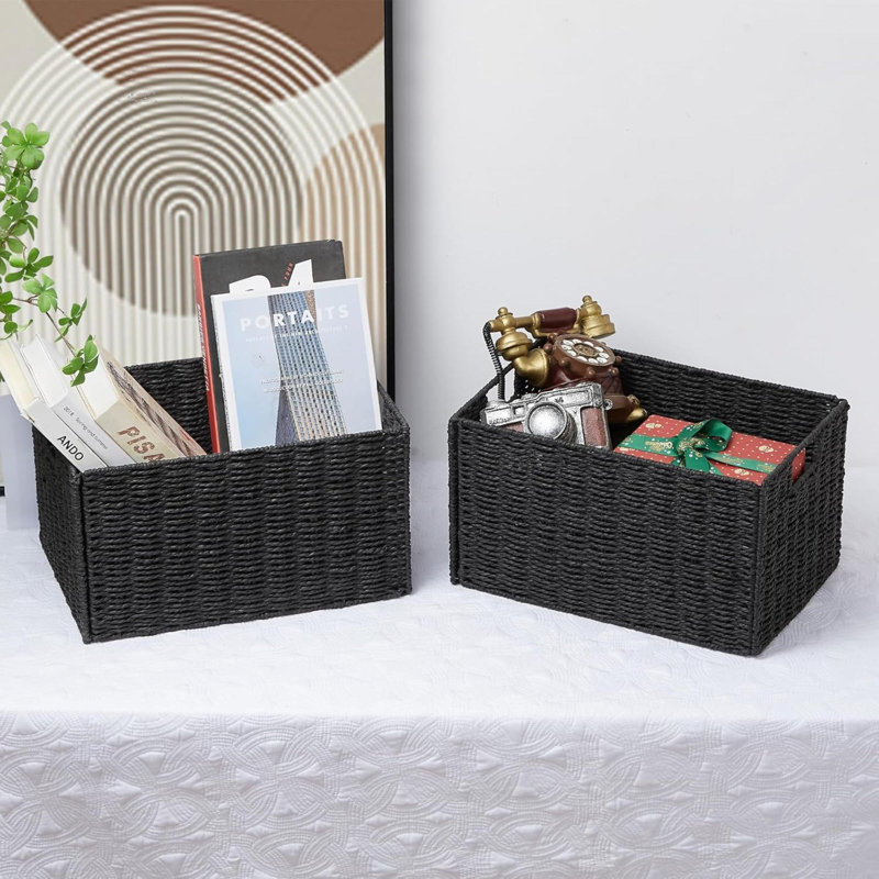 Wicker Storage Basket, Set Of 2 Hand-Woven Paper Rope Wicker Basket, Small Storage Baskets For Organizing Toilet Paper Basket, Foldable Large Cube Storage Organizer Bins For Shelves