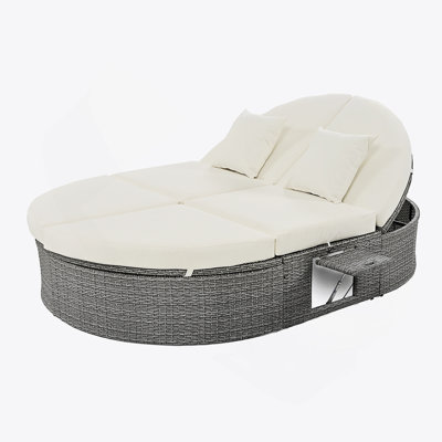 Outdoor Sun Bed Patio Daybed With Cushions And Pillows, Rattan Garden Reclining Chaise Lounge