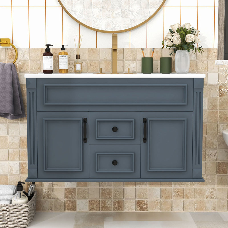 Meuble-lavabo flottant mural avec lavabo en céramique, portes et tiroirs à fermeture en douceur, Blue