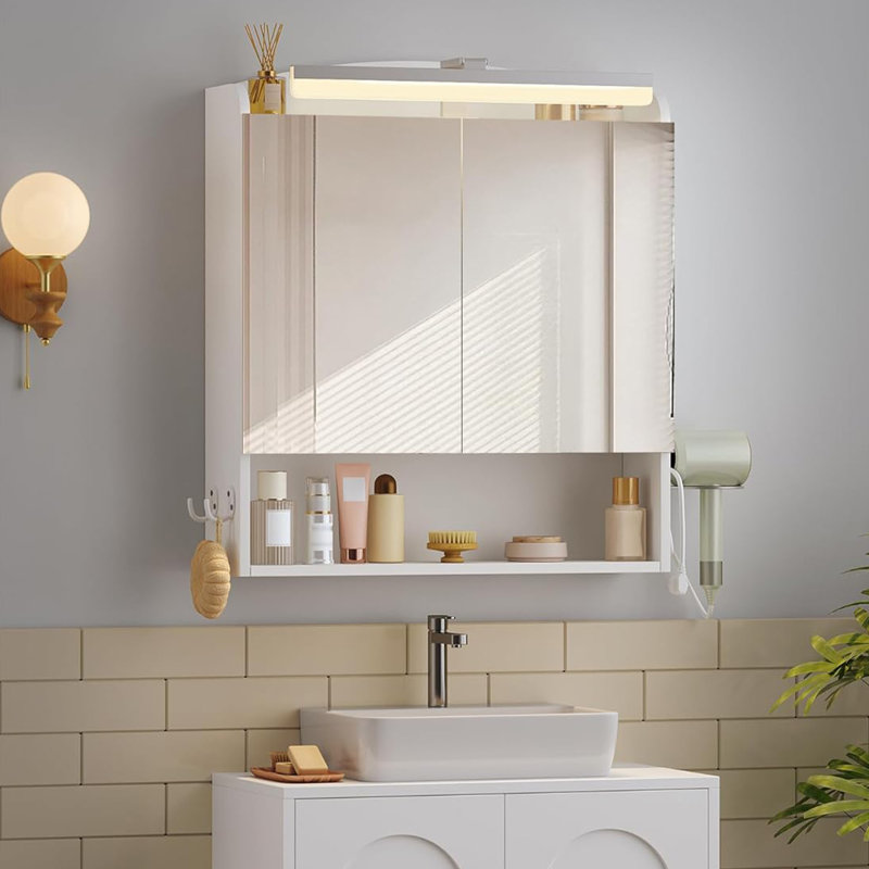 Bathroom Mirror Cabinet with LED Lights, Bathroom Wall Cabinet with Plug, Bathroom Cabinet, 2 Doors and Open Storage, Adjustable Shelf, Hair Dryer Holder and Hooks, Modern