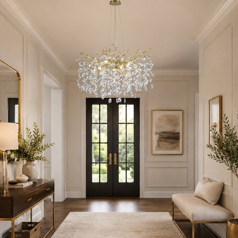 Abe 10-Light 30" Dimmable Tree Branches Crystal Linear Chandelier, Gold