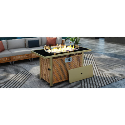 43" Rectangular Grey Open Weave Propane Fire Pit Table, 60000 , With Blue Glass Stones, Tempered Wind Guard, And 20Lbs Storage For Outdoor Parties Gas Removable - Rust Lid, Bohemian Style Deck
