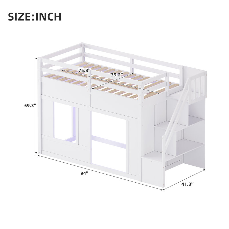 Lit mezzanine simple avec escalier de rangement et lumières DEL intégrées, blanc, Lit simple