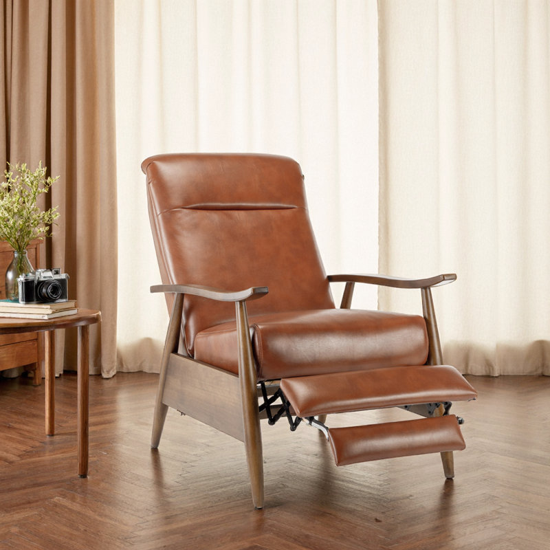 Modern Wood Arm Push-Back Recliner Chair - Effortless Comfort & Timeless Design, Brown Faux Leather