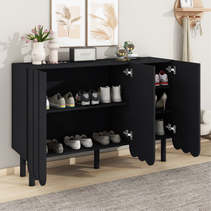 Buffet avec tablettes réglables et portes ondulées, Noir, noir, noir, noir