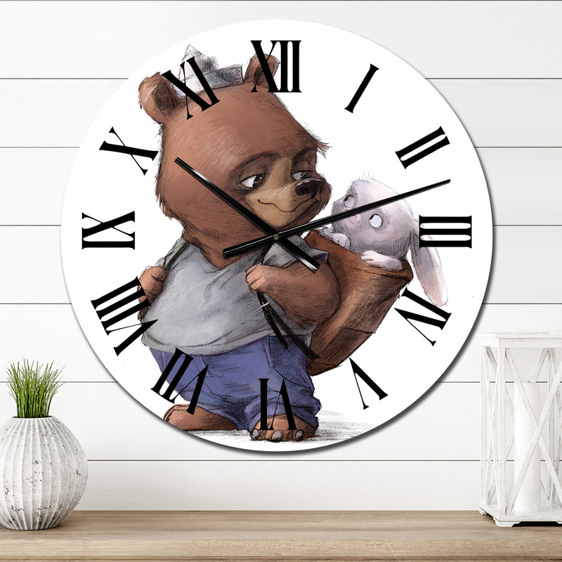Mignon ourson en peluche avec petit lièvre blanc III - Horloge murale pour enfants, Moyen