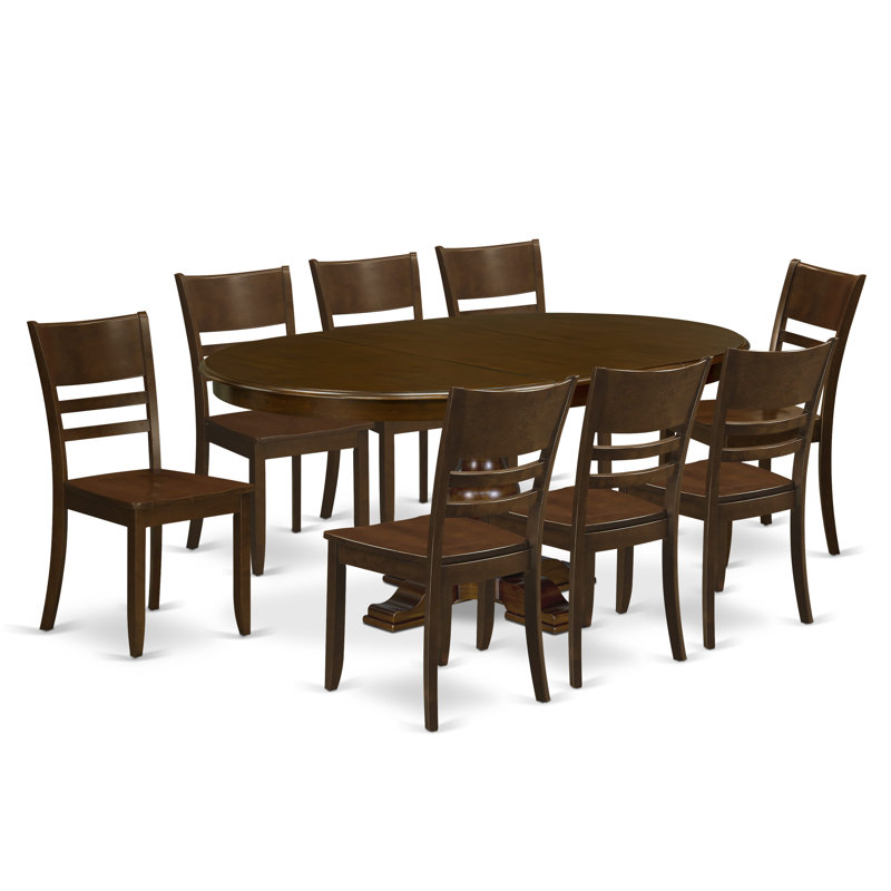 Ensemble de 9 pièces de salle à manger ovales comprenant une table de salle à manger en bois massif avec rallonge et pieds à piédestal, 8 chaises en bois, dossier en échelle, assemblage rapide, finition espresso