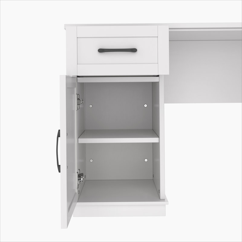 L-Shaped Desk With Drawers, Cabinets & 11 Shelves, Power Outlet For Home Office & Study, White
