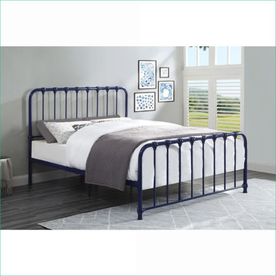 Structure de grand lit plateforme en métal, aucun sommier requis, finition bleue pour la chambre à coucher