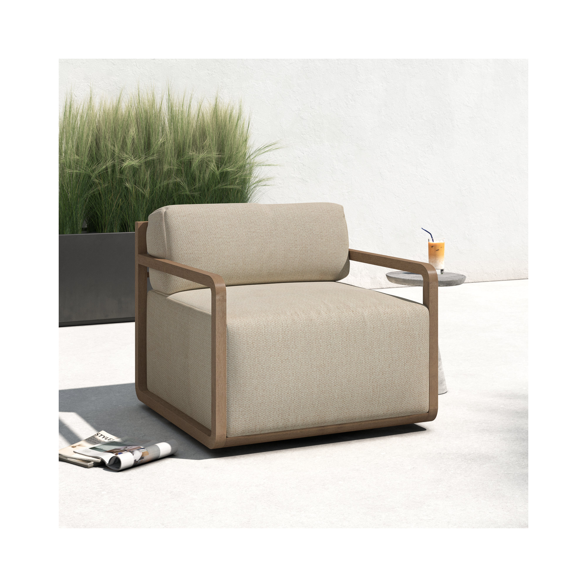 Navarre Swivel Teak Outdoor Lounge Chair, Faye Sand
