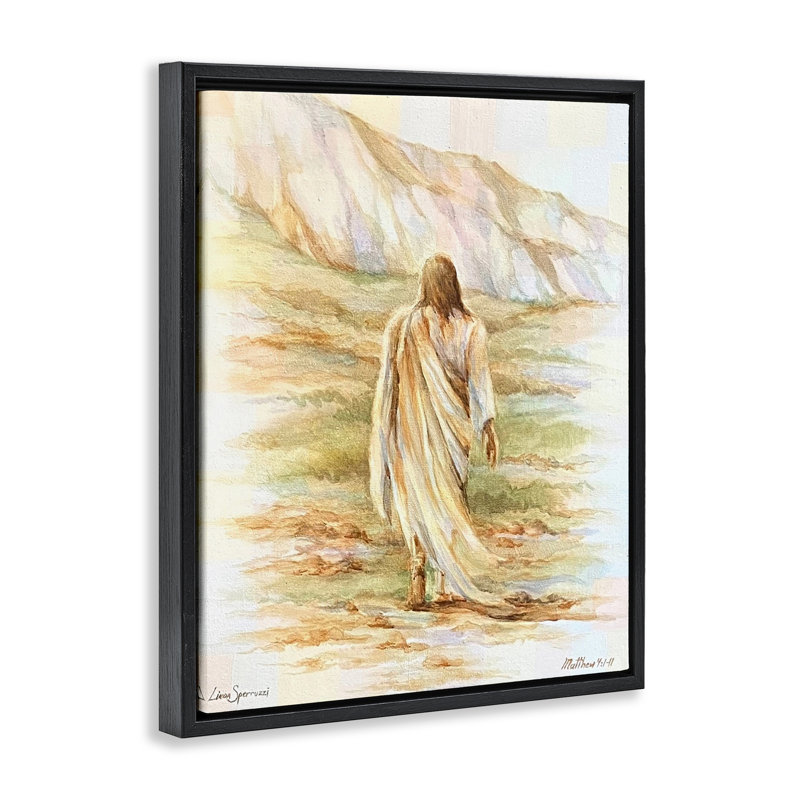 «Forty Days Jesus Walking Floater», art mural par Linda Sperruche, H 21 po x l 17 po, Cadre flottant noir de jais