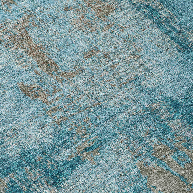 Teal Abstract Round Synthetic Washable Rug, 8'