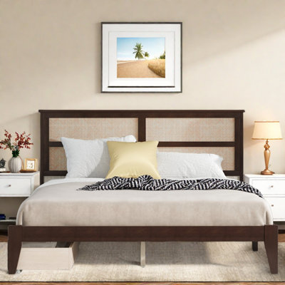 Wooden Platform Bed With Rattan Headboard And Two Storage Drawers