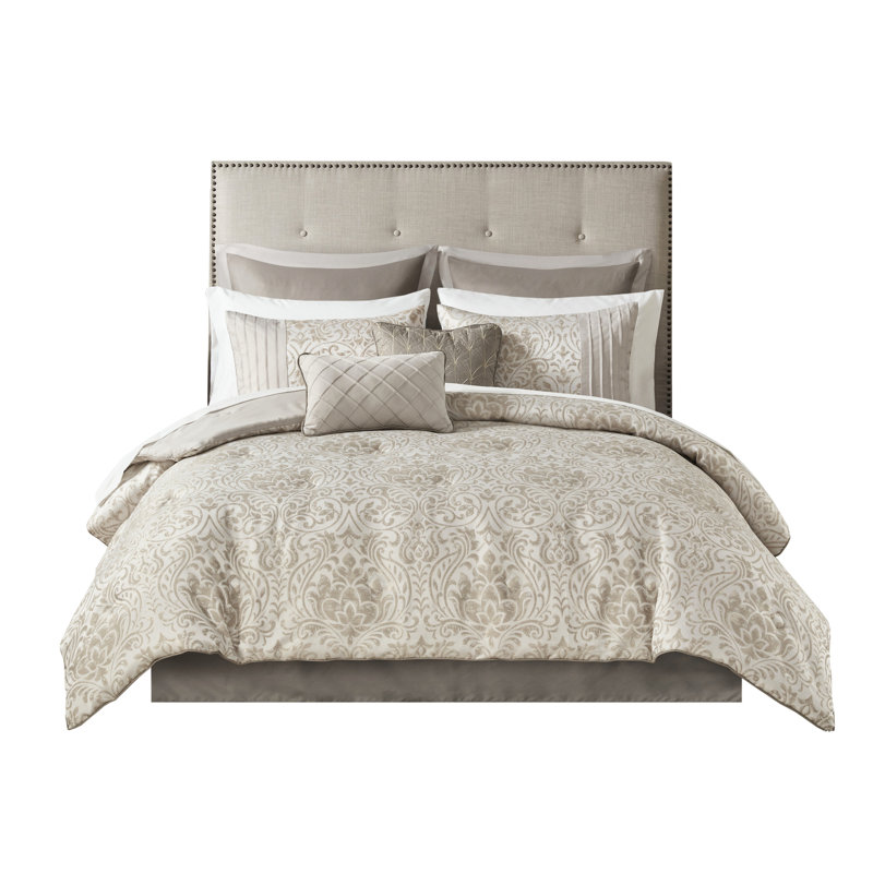 Édredon 12 pièces en kaki pour grand lit, avec motif, fil doré métallique et taies d'oreiller dorées, drap en microfibre douce