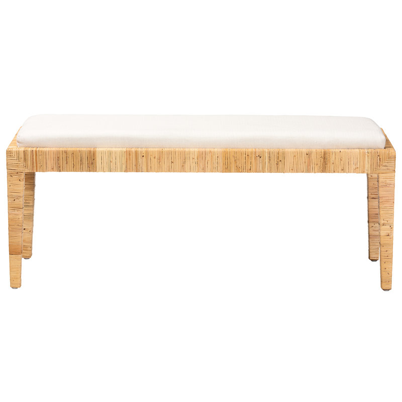 Siège rectangulaire, pieds fuselés, banc bohémien moderne à ornements tissés, structure en bois, tissu rembourré de mousse, brun et blanc, l 48 po de largeur, 20,1 de hauteur, 15,7 profondeur, 24,2 lb