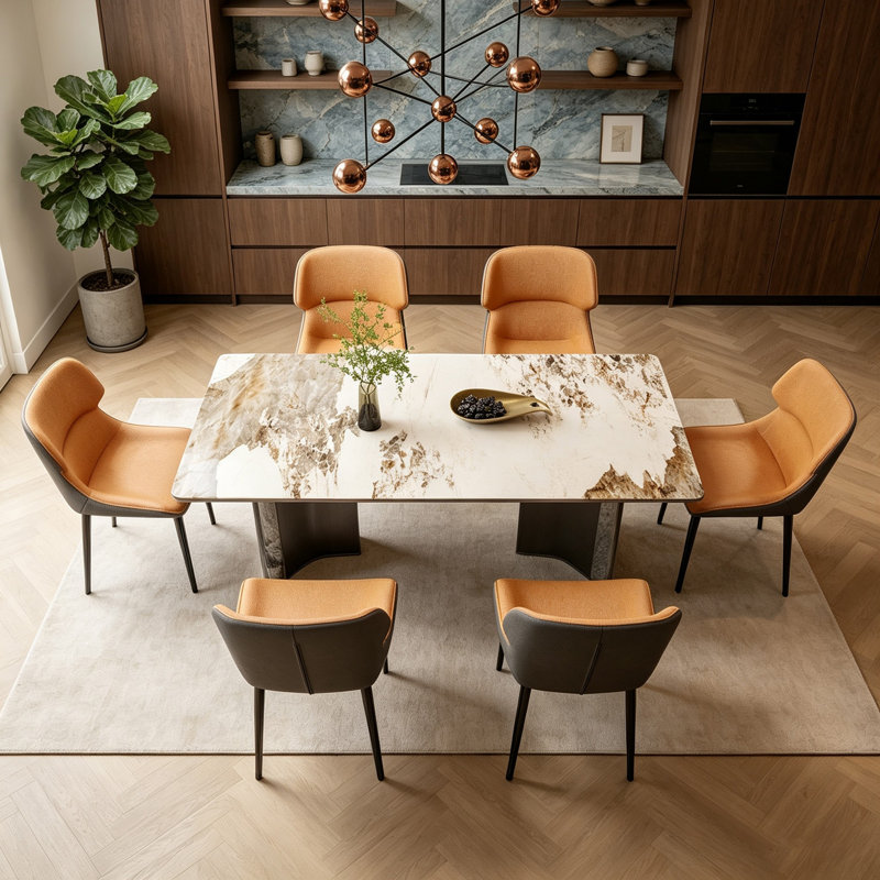 Table de salle à manger moderne en pierre frittée rectangulaire avec pieds en forme de L, pouvant accueillir 6 à 8 personnes