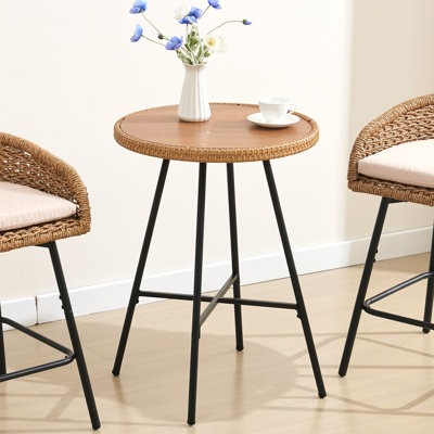 24” Patio Round Bar Table, Wicker Outdoor Bistro Table with Faux Wood Stone Top for Garden, Backyard, Balcony, and Poolside