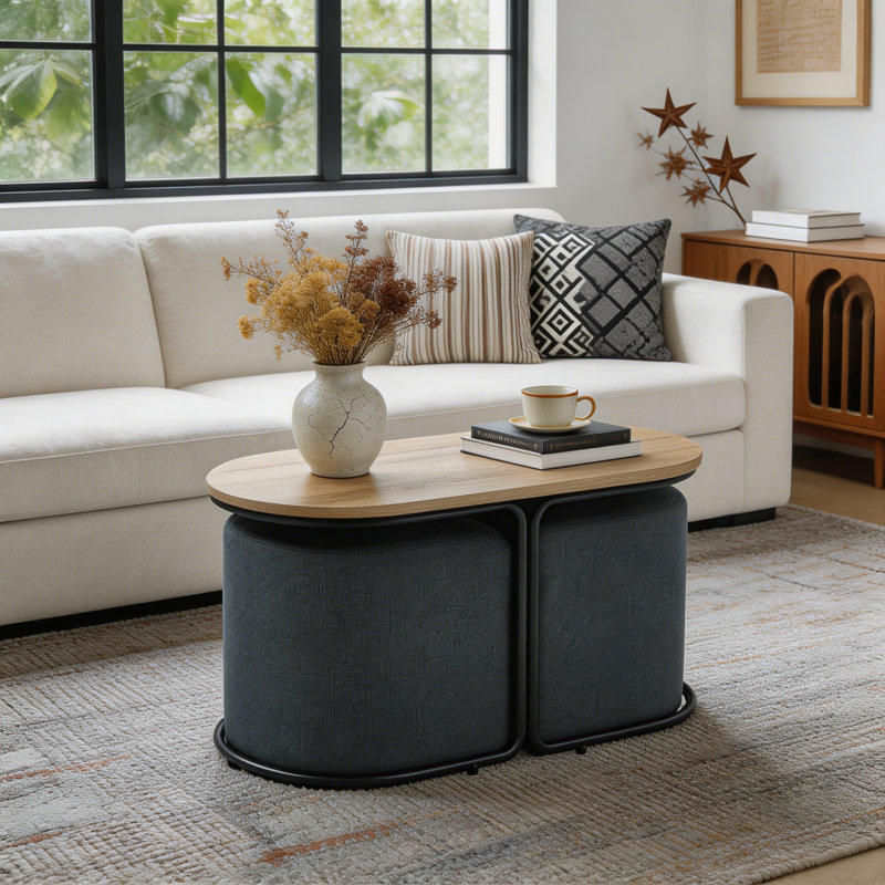Mira 30.7" Modern Oval Wooden Coffee Table  with 2 Hidden Stools, Natural/Black/Navy