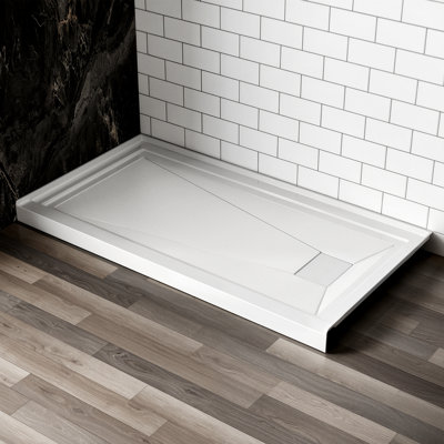 Base de douche en acrylique 60 po x L 32 po avec drain à droite, panneau de douche rectangulaire à seuil simple, plancher antidérapant blanc
