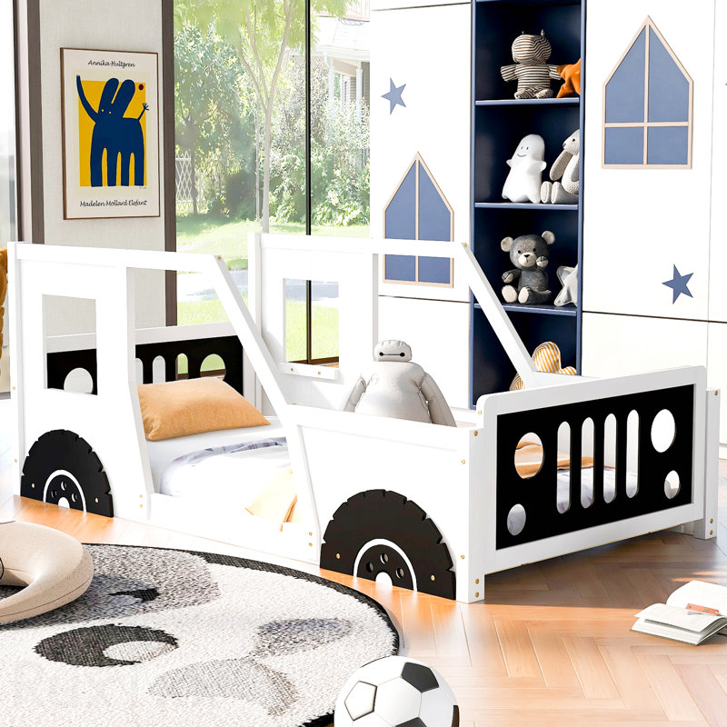 Twin Size Classic Car-Shaped Platform Bed with Wheels,White, Twin, White