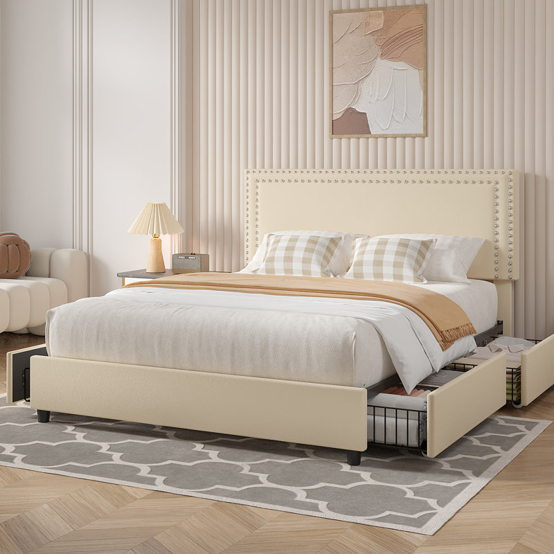 Queen Size Bed with Storage Drawers Upholstered Platform Bed Adjustable with Nailhead Trim Headboard Wooden Slats Support Bed Frame