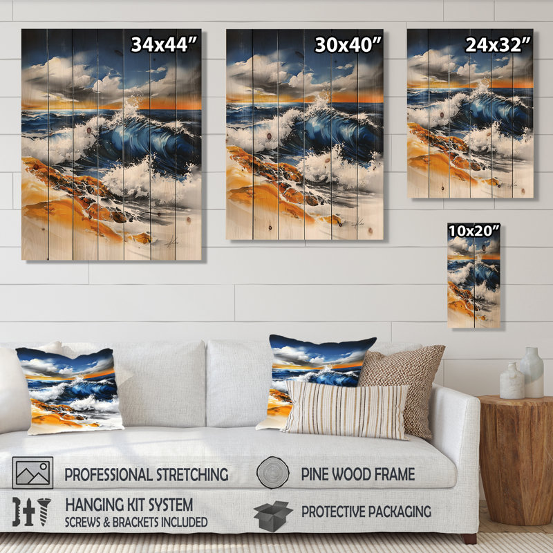 Abstrait vagues océaniques en Californie I - paysage mural en bois sur bois de pin naturel, H 44 po x l 34 po