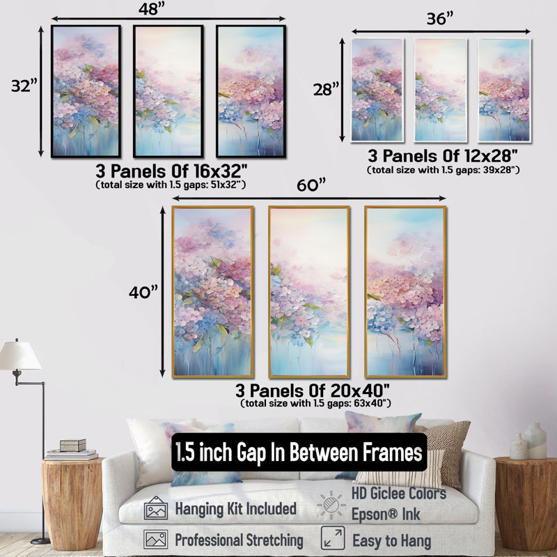 Hortensia bleue et rose Solitude In Nature - Ensemble de décoration murale champ de fleurs, H 28 po x l 36 po x P 1 po