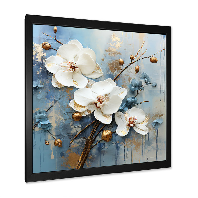 «White Orchids Whispered Symphony» sur impression sur toile, H 36 po x l 36 po x P 1,5 po, Cadre simple noir