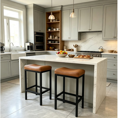 29.5-inch 2-piece bar stool set, backless, with soft leather seat cushions; heavy-duty, padded saddle-style stools with a 300-pound weight capacity, perfect for modern kitchen islands