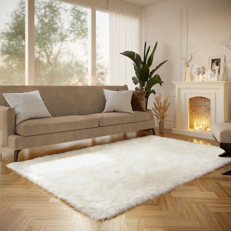 Tapis blanc à poils longs Haja Fluffy, Rectangle 9 pi x 12 pi