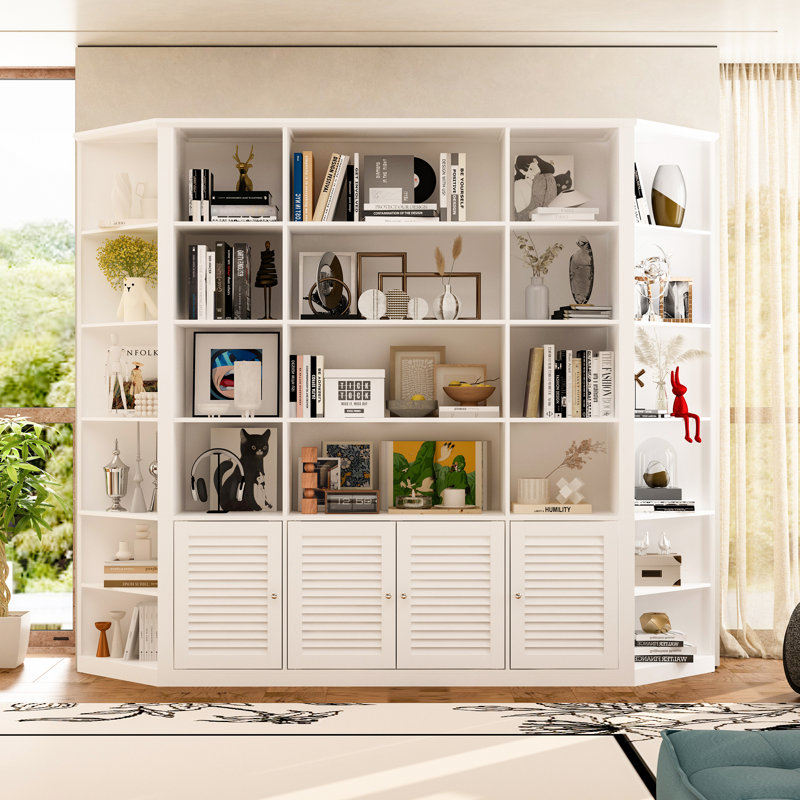 78.7''H X 78'' W White Symmetrical Combination Bookcase With 3-Cabinet And Louvered Doors