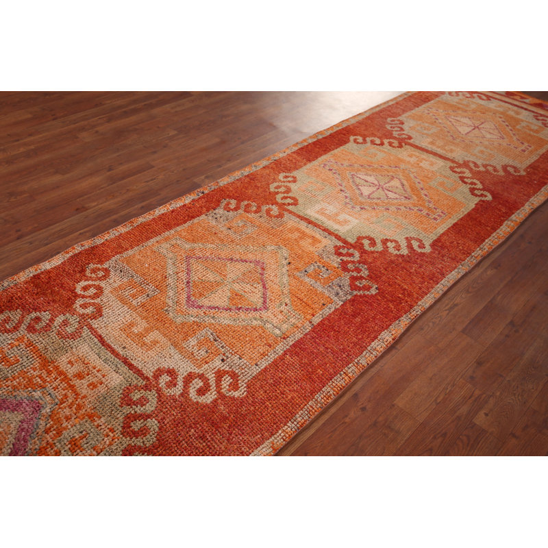 Tapis turc orange en laine fait à la main 3 x 11 po Oushak