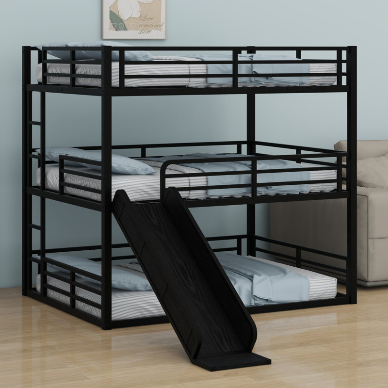 Metal Triple Bunk Bed With Safety Guardrails,Slide And Noise-Reduced Design, Full Over Full