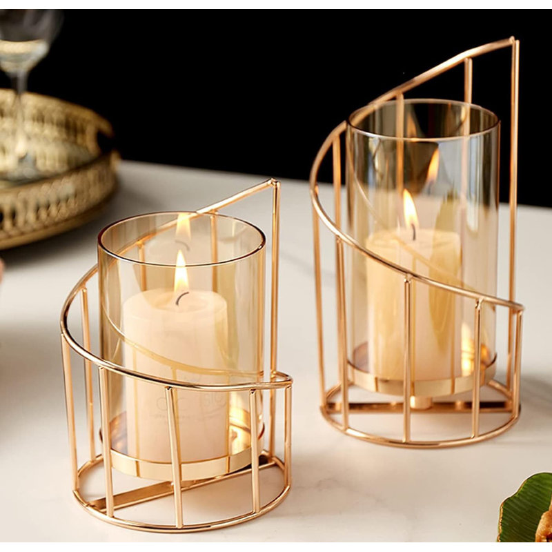 Metal Wire Candle Holder Set Of 2, Glass Pillar Candle Holders Gold Decorative Tea Light Candleholders,Gold