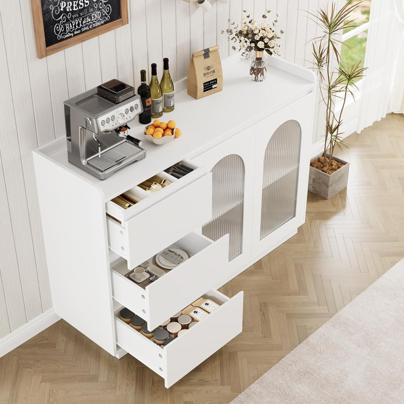 48"Sideboard Buffet Cabinet with Glass Doors,Modern Buffet Table with 3 Drawers, Coffee Bar Storage Cabinet,White