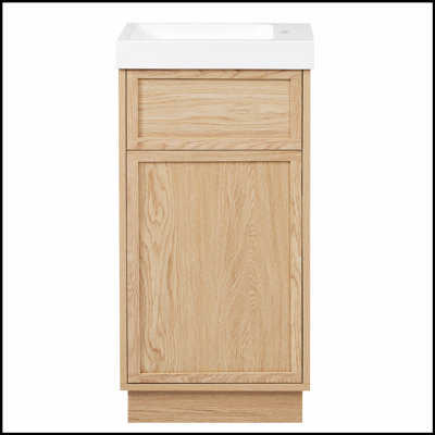 15.75 Inch Bathroom Vanity With Reversible Resin Sink, MDF Cabinet, Adjustable Shelf, Push-To-Open Door, Wood Grain Finish For Small Spaces