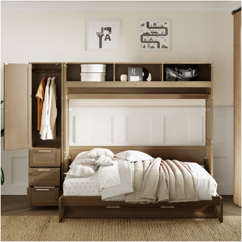 Lit escamotable pleine grandeur avec garde-robe, tiroirs et tablettes ouvertes, bois antique