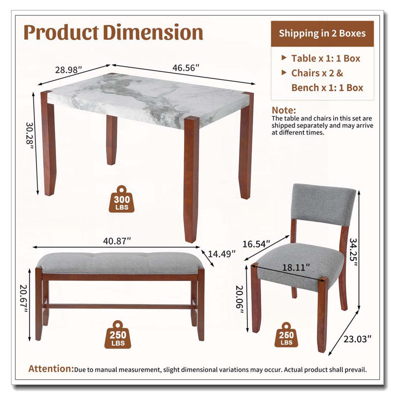 Ensemble de salle à manger 4 pièces avec table, chaises et banc en faux marbre, Gris