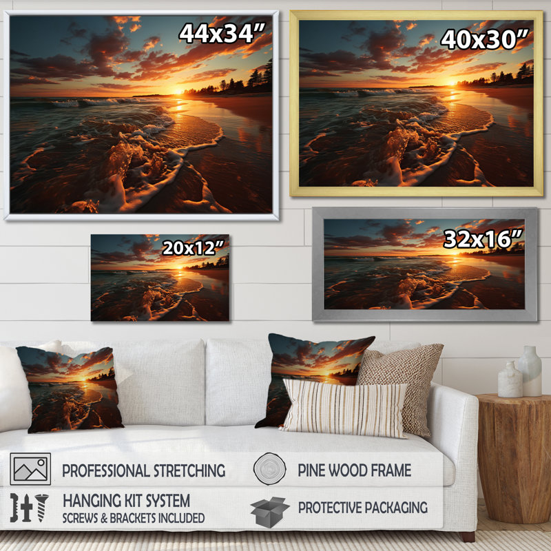 «Almustafa Sunset Beach Scenery II», reproduction sur toile, H 16 po x l 32 po x P 1 po, Cadre photo blanc