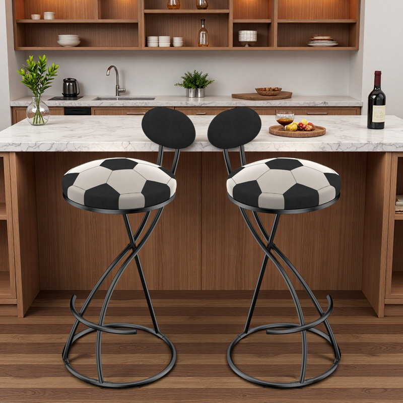 Ensemble de 2 tabourets de bar en velours avec structure en métal, siège rembourré à imprimé football et repose-pieds réglables