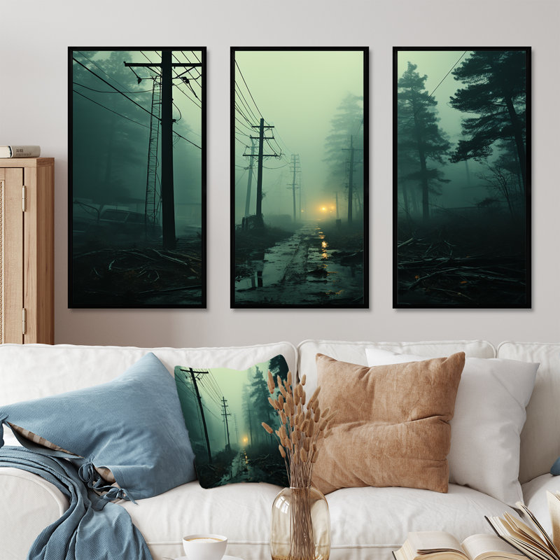 Teal Tangle Power Lines Mystery I - ensemble d'art mural sur toile Power Lines, Cadre flottant noir