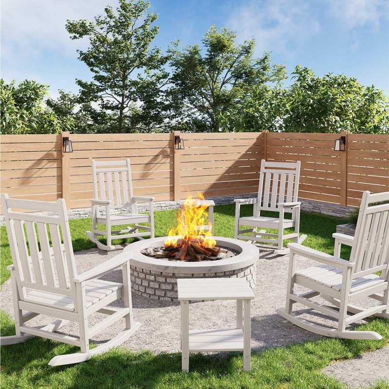 HDPE Rocking Chair Outdoor- Poly High Back Porch Rocker Chairs, All Weather Resistant Furniture with Table, White