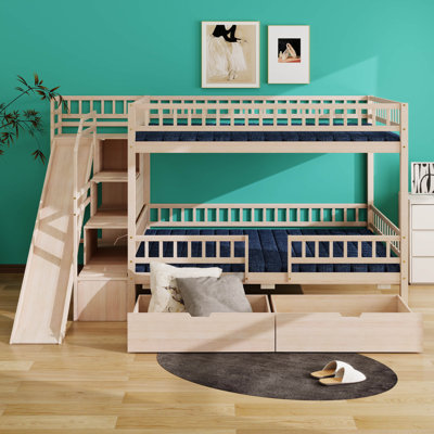 Lit superposé avec escalier de rangement, glissade et 2 tiroirs, lit superposé en bois avec garde-corps, aucun sommier nécessaire