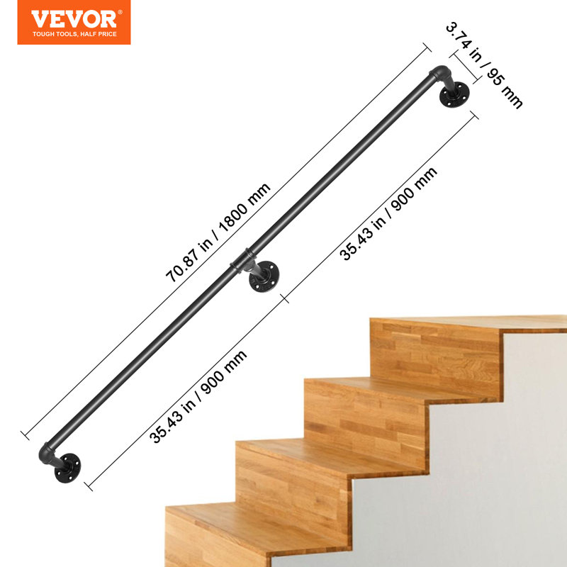 Rampe d'escalier de couleur noire pour tuyau VEVOR, H 3,74 po x l 70,90 po x P 1,26 po