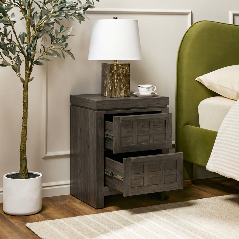 Bateson Modern 2 Drawer Nightstand Side Table, Black Oak