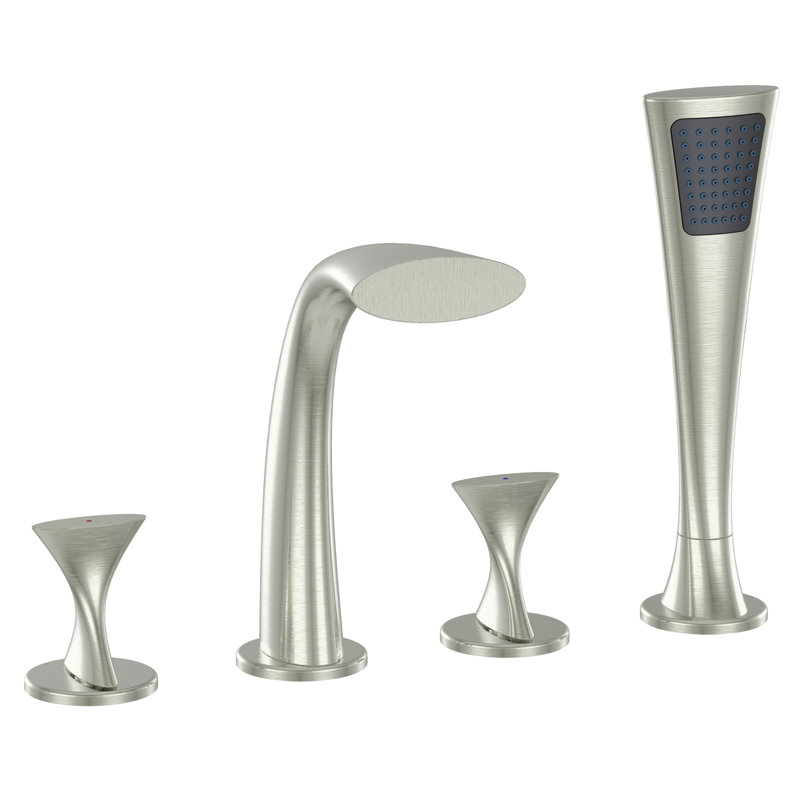 Twist Collection Two-Handle Deck-Mount Roman Tub Faucet with Pull-Out Hand Shower & Rough-In Valve - Brushed Nickel
