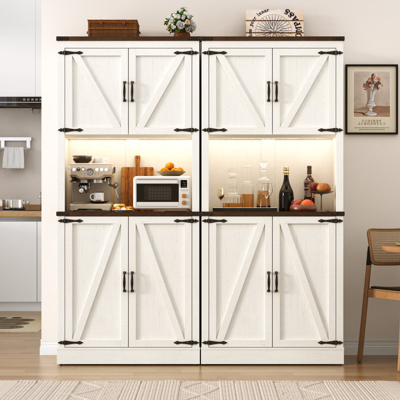 72" Kitchen Pantry With LED Light, Power Outlet And Shelves At Doors., White
